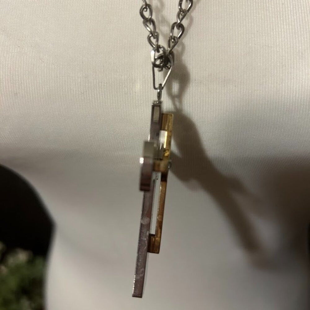 Unisex Religious Faith Double Tier 2 Crosses Pendant Chain Necklace